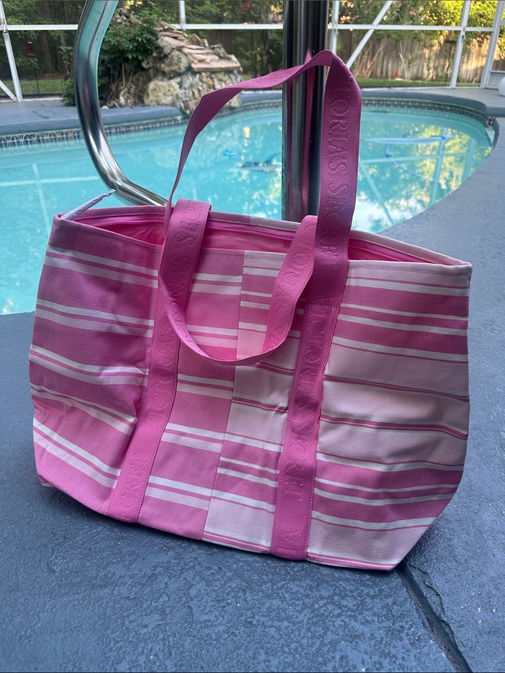 Victoria's Secret Pink & Cream Striped Canvas Tote, NWT